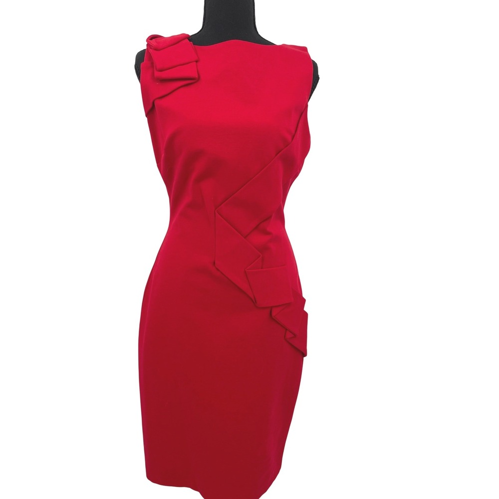 VTG Cache Sheath Dress Womens 6 NWT Red Bow Origami Pleated Made In USA NOS Chic